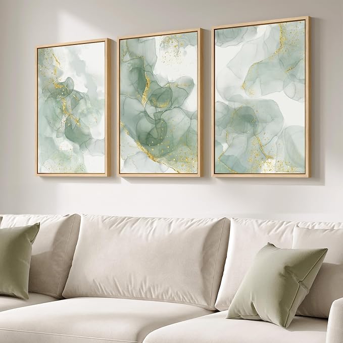 Framed Sage Green Abstract Wall Art, 3 Piece Modern Canvas Prints Paintings - Image 5