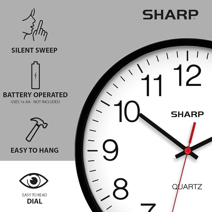 Sharp Wall Clock Silent Non Ticking 10 Inch Quality Quartz Battery Operated - Image 5
