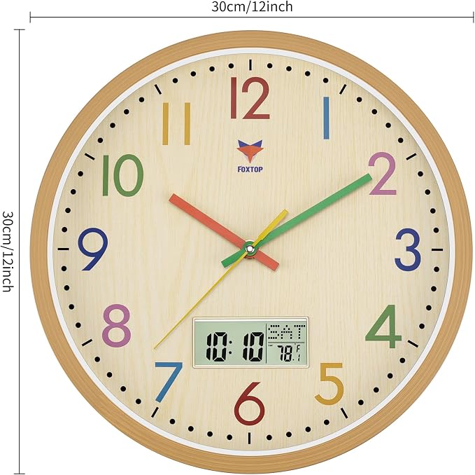 Foxtop Digital and Analog Kids Wall Clock 12 Inch Silent Non-Ticking Battery - Image 8