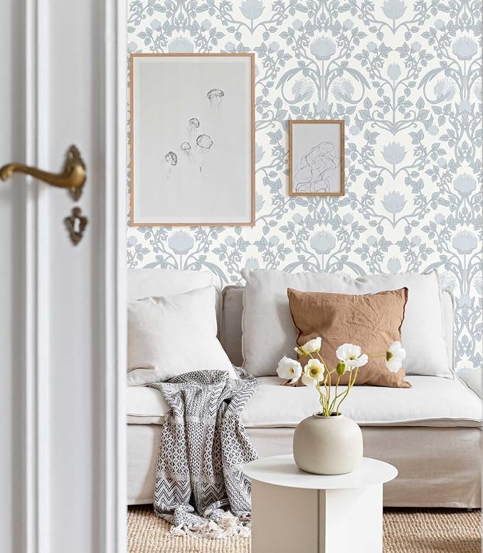 YXTII 17.3"×236.2" Blue Floral Peel and Stick Wallpaper, Damask Boho Wall Paper - Image 4