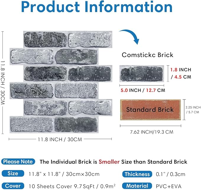 COMSTICKC 3D Faux Gray Brick Wall Panel Peel and Stick, Designed - Image 4