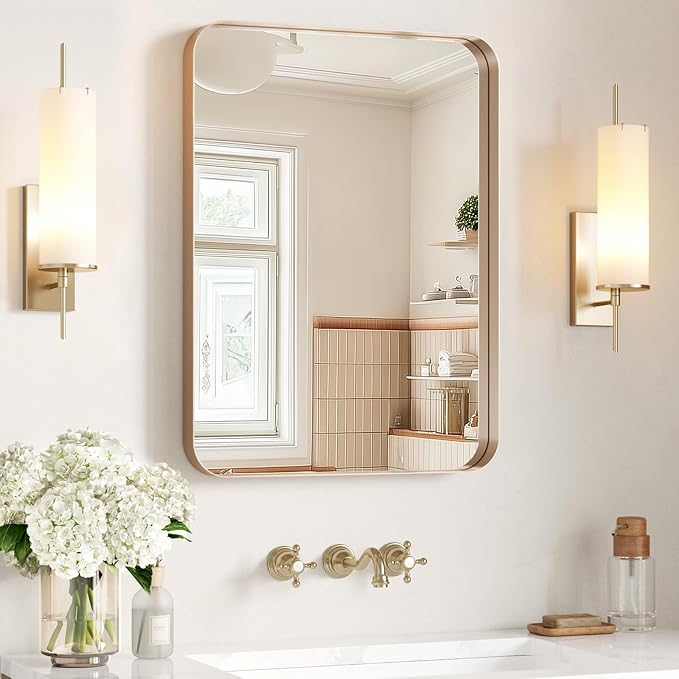 USHOWER Gold Bathroom Mirror 22"x30", Brushed Gold Rectangle Mirror - Image 8