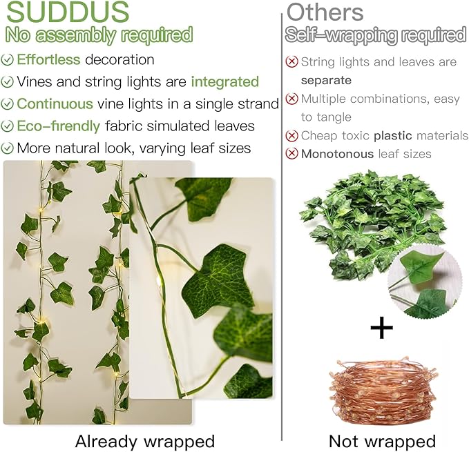 suddus Vine with Fairy Lights Battery Operated, 33ft 100 LED Ivy String Lights - Image 4