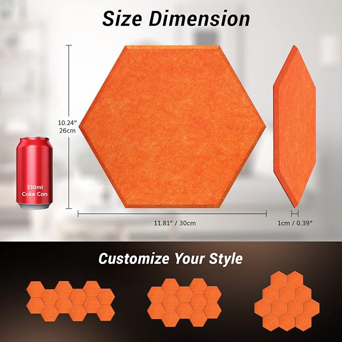 Self-adhesive Hexagon Acoustic Panels 12 Pack, TONOR 12"x 10"x 0.4" High - Image 5