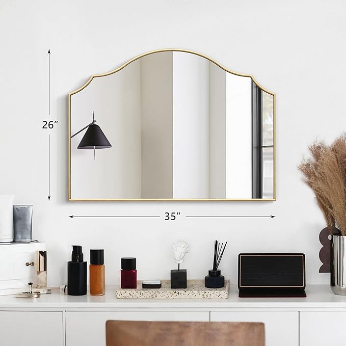 Besdomus Gold Scalloped Mirror for Dresser: 35"x26" Modern Wooden Mantel Mirror - Image 5