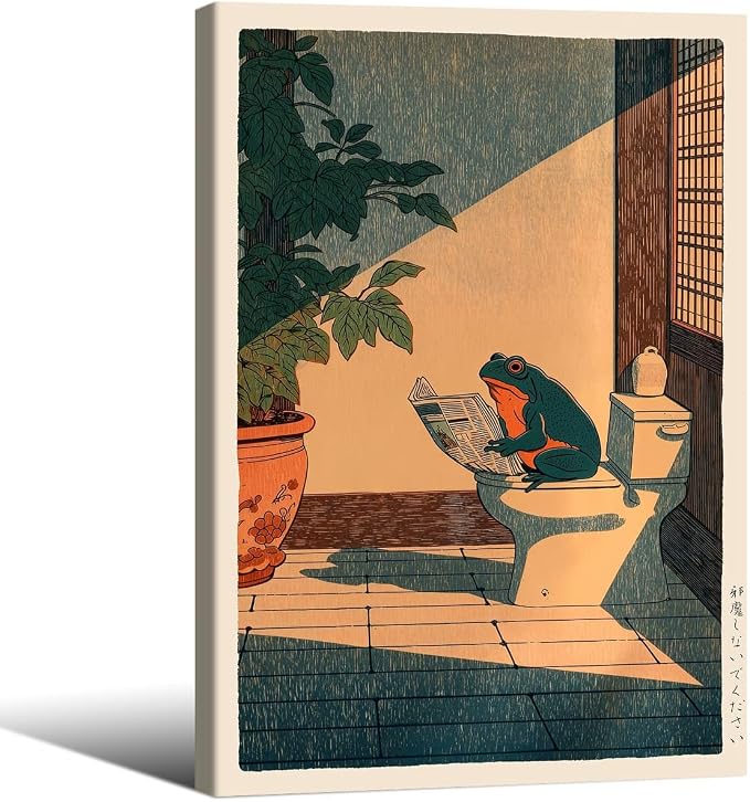 Vintage Japanese Framed Wall Art Funny Frog Bathroom Canvas Print Cute Japanese by Heltrappe