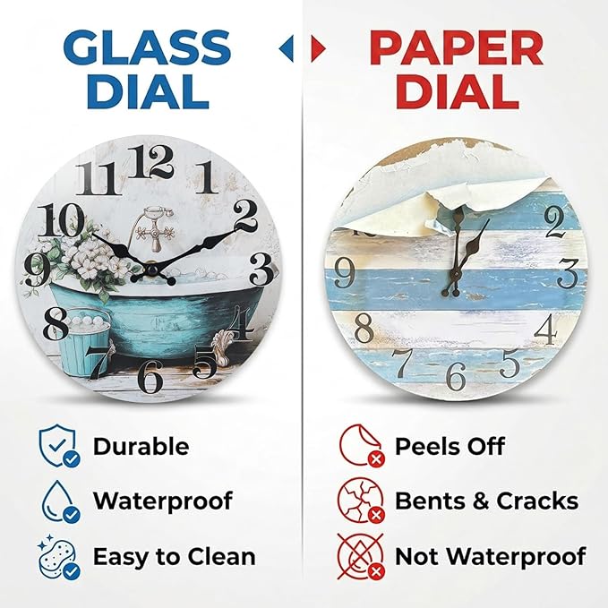 Silent Wall Clocks for Bathroom, Rustic Style Waterproof Glass Wall Clock for - Image 2
