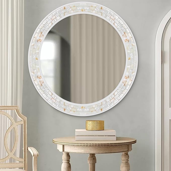 Tanmicoshomy 36 Inch Large Round Mirror, Natural Shell Inlay Framed Large - Image 5