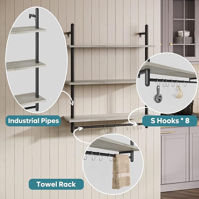 Bestier 3 Tier Industrial Pipe Shelving, Floating Book Shelves - Image 3
