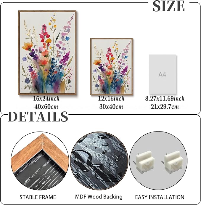 KISSFOX Framed Colorful Wildflower Canvas Wall Art Set Of 3 Flowers Pictures - Image 4