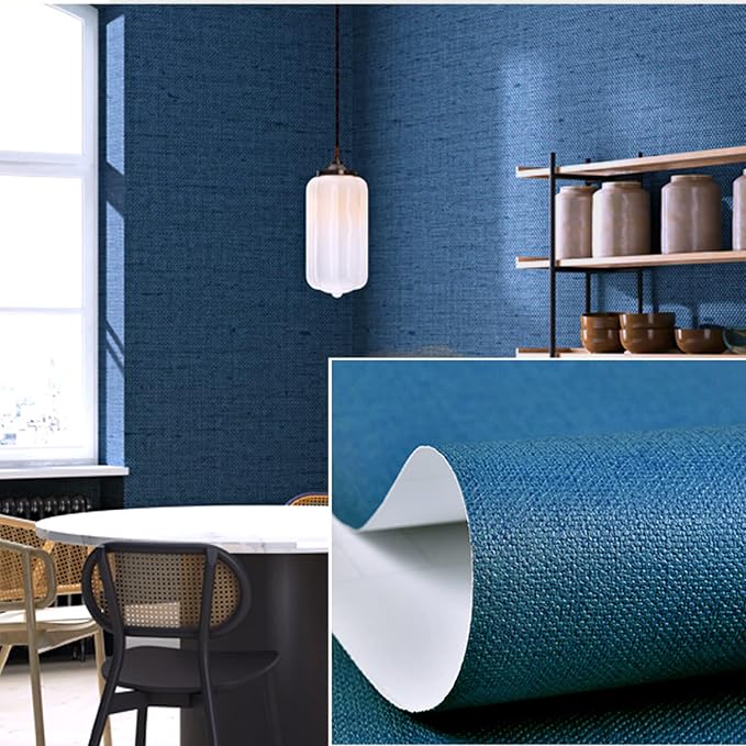 Yancorp 24"x120" Textured Fabric Navy Blue Faux Grasscloth Peel and Stick - Image 2