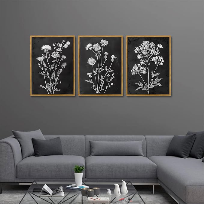 KISSFOX Framed Floral Botanical Canvas Wall Art Vintage Black Background Plant - Image 5