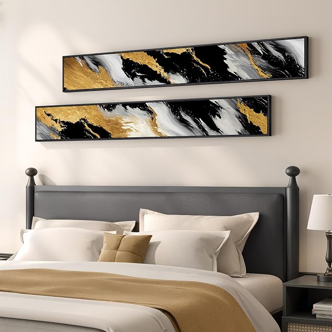 Framed Long Narrow Vertical Abstract Wall Art Set, 2 Piece Black White Gold - Image 5