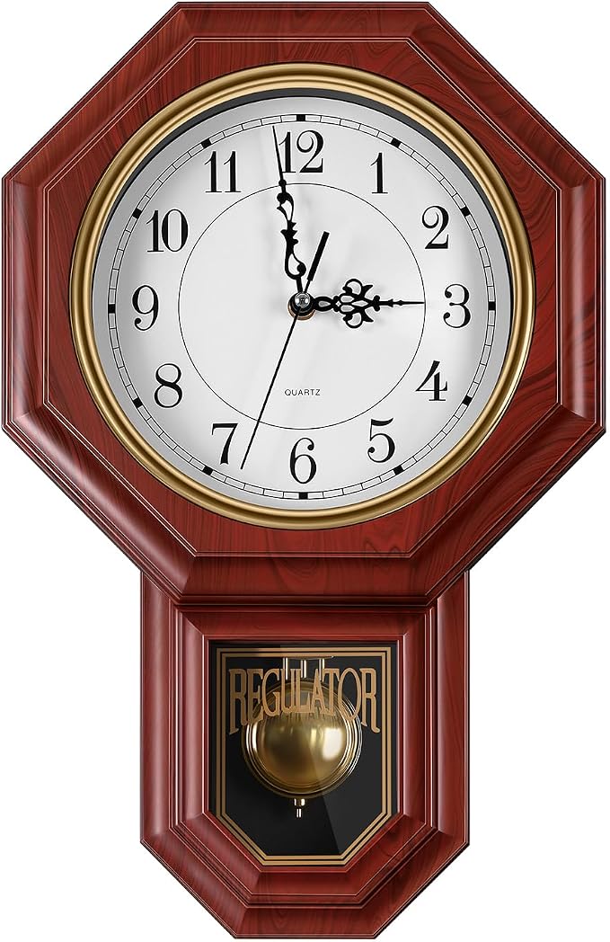 Regulator Wall Clock with Pendulum, Imitation Red Wood Plastic Wall Clock by Unknown