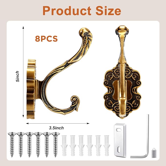 Zonon 8 Pcs Antique Gold Wall Hooks Set Vintage Coat & Towel Hooks - Image 2