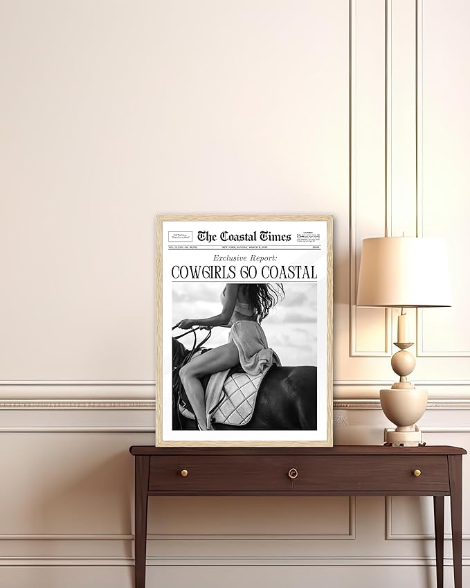 iHery Cowgirls Go Coastal Framed NewsPaper Canvas Wall Art, Natural OAK Wood - Image 3