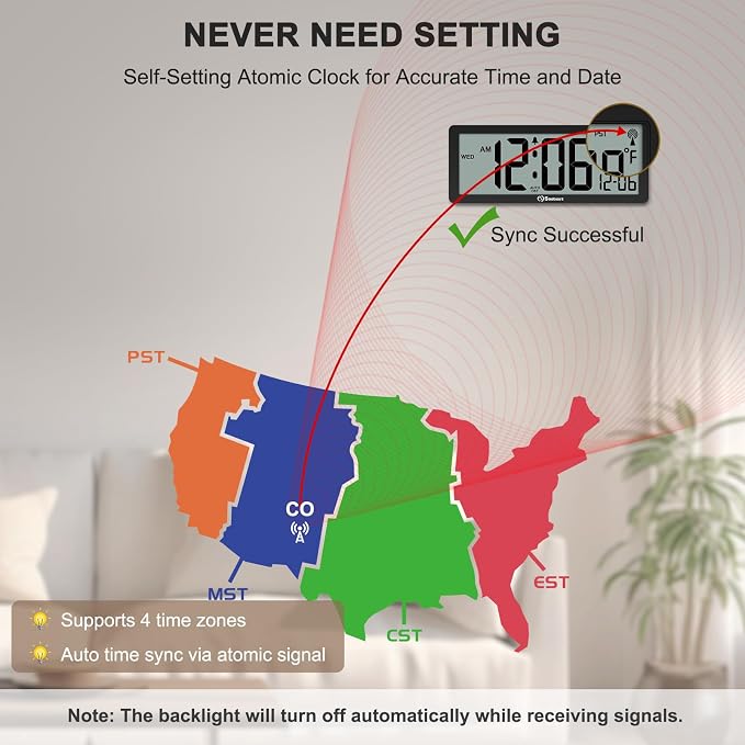 Soobest 8.5" Atomic Digital Wall Clock, Never Needs Setting, Auto Time Sync - Image 3