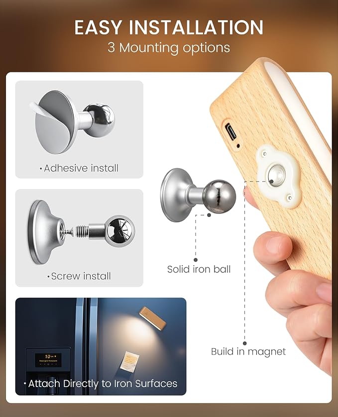 Wood LED Wall Sconce, Magnetic 360° Rotatable Wall Mounted Night Light & - Image 8