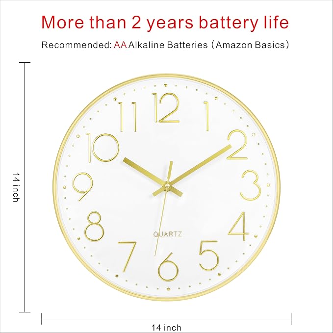Foxtop 14 Inch Large Wall Clock Silent Non-Ticking Battery Operated Round - Image 2