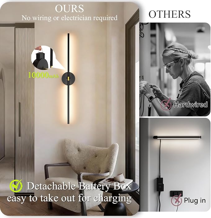 Battery Operated Wall Sconce Set of 2: 10000mAh Wireless Sconces Rechargeable - Image 4