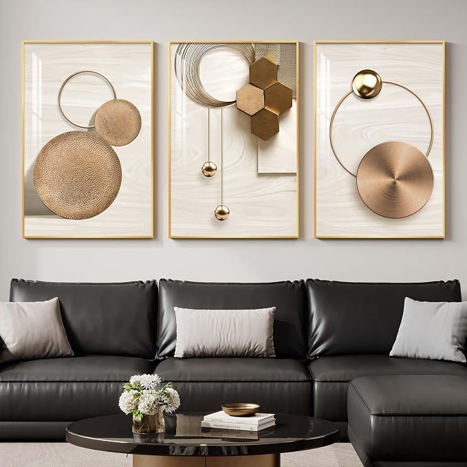 Large Modern Elegant Gold Framed Luxury Wall Art, 3 Piece Bright Glam Art by Cuspin
