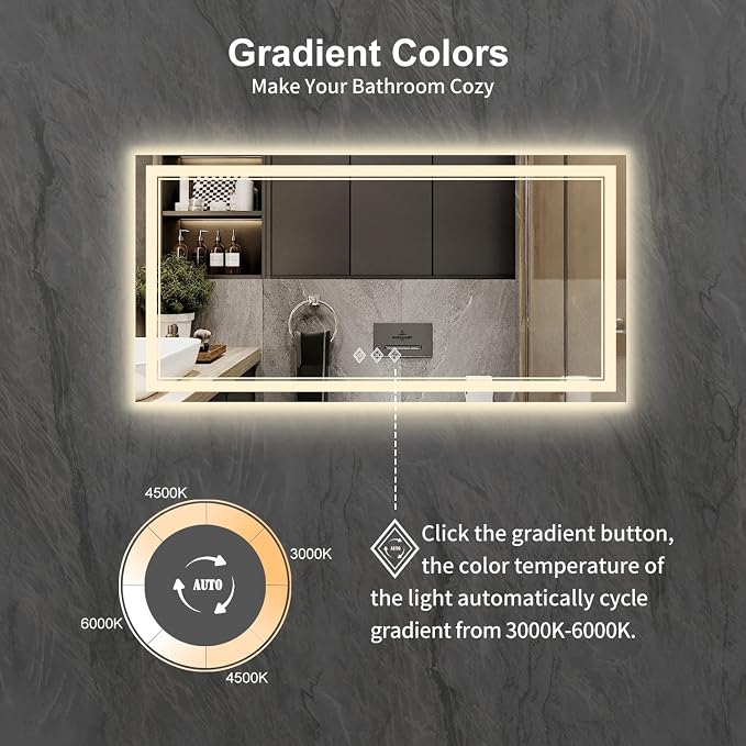 Backlit Bathroom Mirror, 55x30 Inch Gradient Front and Backlit Mirror, 3 Colors - Image 3