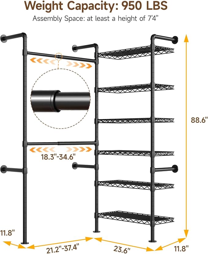 L2 Wall Mounted Closet System, Industrial Pipe Clothing Rack Clothes Racks - Image 2