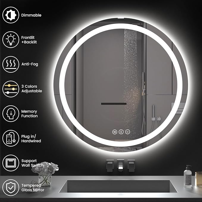 Round LED Bathroom Mirror with Lights, Backlit & Front Lighted, Wall-Mounted - Image 8