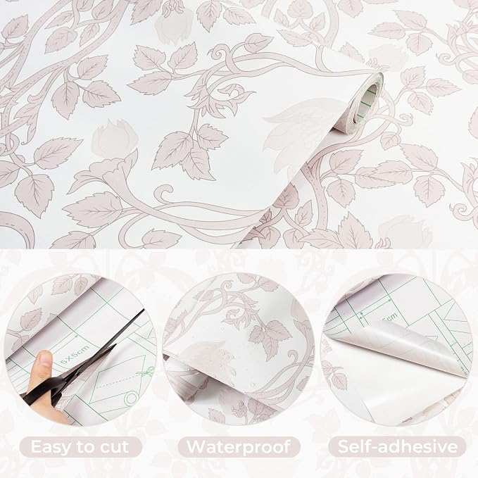 YXTII 17.3" × 393.7" Pink Peel and Stick Wallpaper, Floral Wallpaper - Image 2