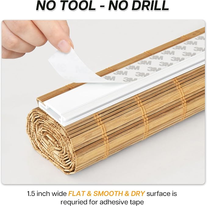 LazBlinds No Tools No Drill Bamboo Roller Shades, Cordless Bamboo Blinds - Image 2