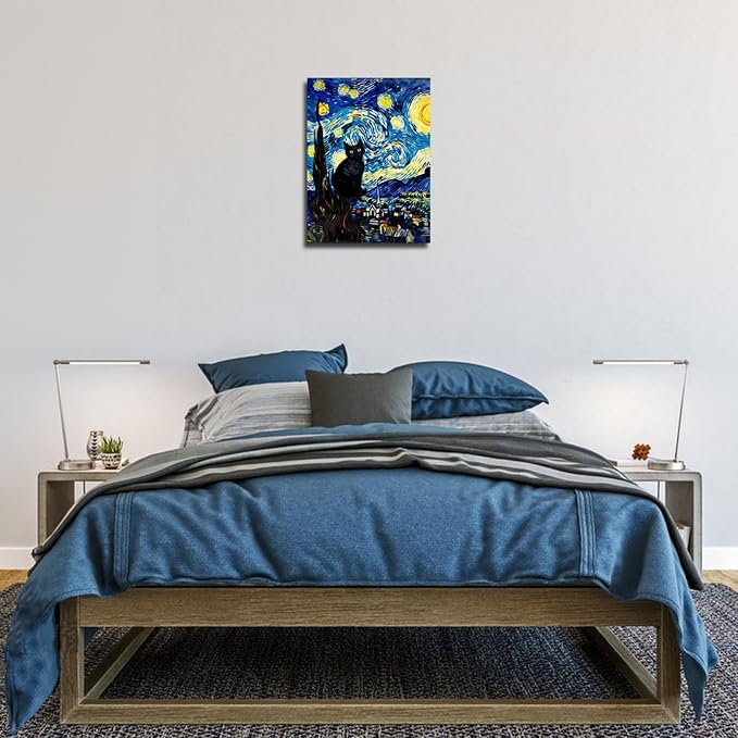 ALMLZL Framed Van Gogh The Starry Night Cat Canvas Wall Art Cute Funny Black - Image 5