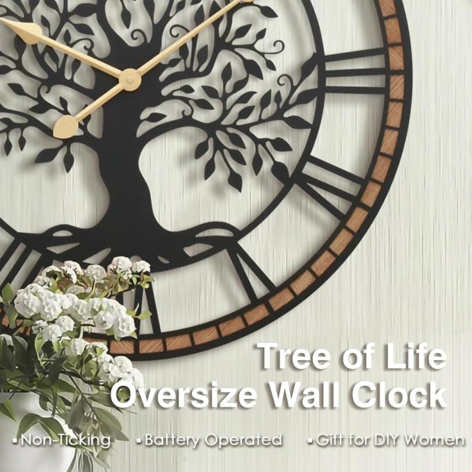 Micasso Vintage Oversize Wall Clock: 38Inch Farmhouse Tree of Life Metal - Image 7
