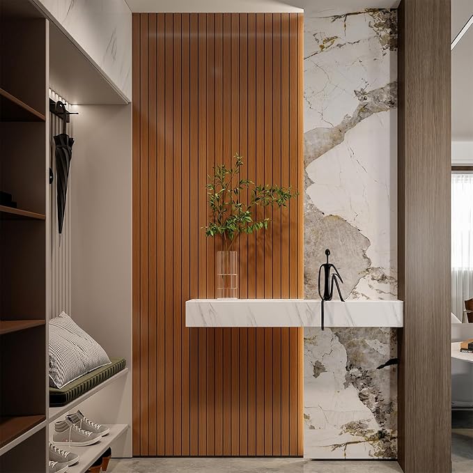 YLL YLL PVC Slat Wall Panel Peel and Stick 236"x 15.7" Faux Walnut Wood Grain - Image 2