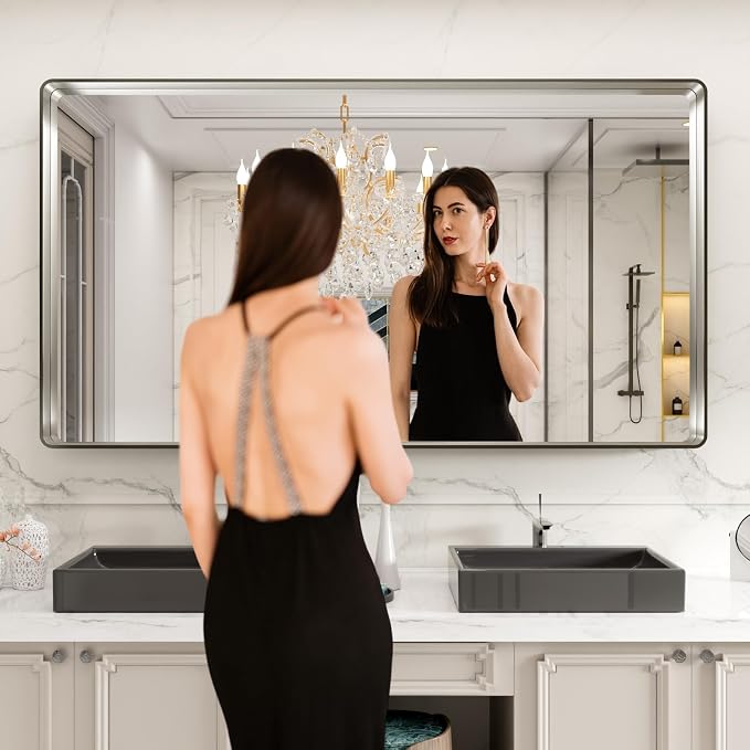 LOAAO 77X36 Inch Brushed Nickel Bathroom Mirror, Rounded Rectangle Silver Metal - Image 2