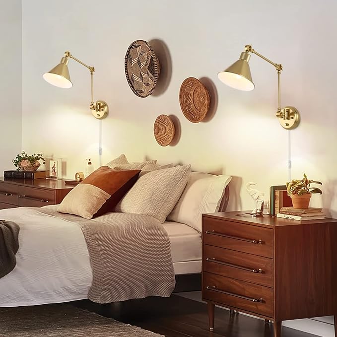 TRLIFE Wall Sconces Plug in, Dimmable Wall Sconces Brushed Brass Swing Arm Wall - Image 6
