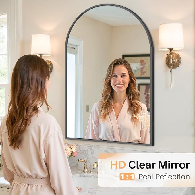 Bathroom Mirror for Wall, 38x26 Inch Arched Mirror, Matte Black Metal Framed - Image 8