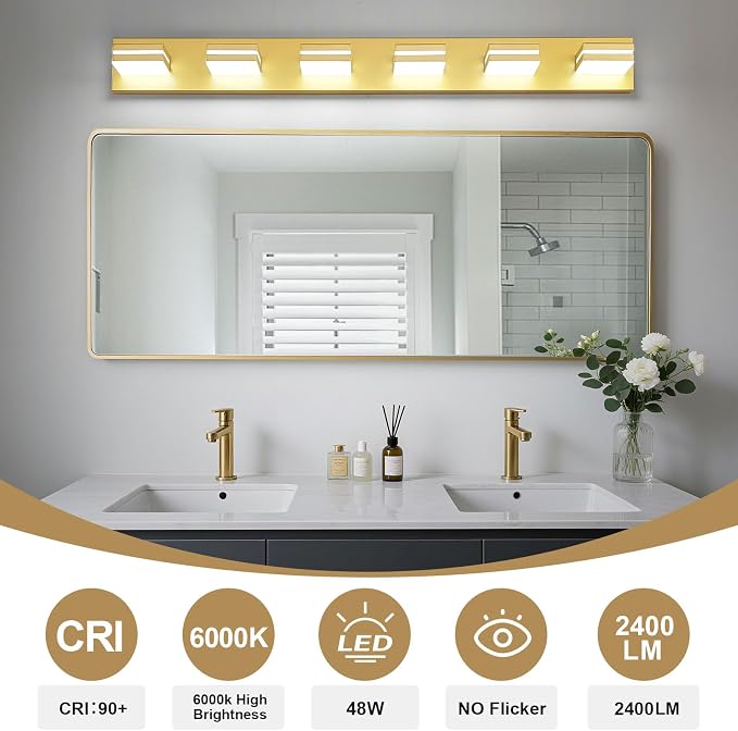 Modern LED Bathroom Lights Fixtures 6-Light, Metal Gold Acrylic Wall Lighting - Image 4