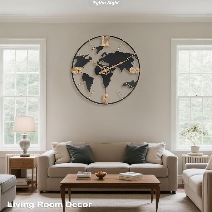 Pytha Sight 30 Inch Large Modern Decorative Metal World Map Wall Clocks Giant - Image 6