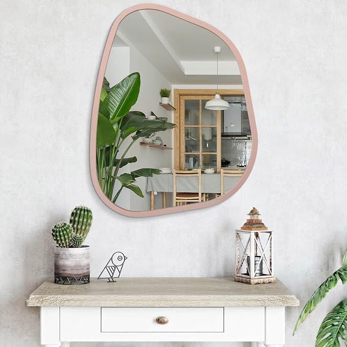 Irregular Wall Mirror 26"x18", Asymmetrical Large Bathroom Mirror Wood Framed - Image 4