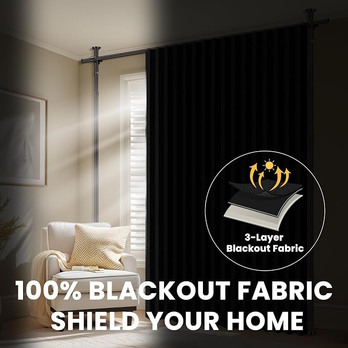 100% Blackout Room Divider Curtains Sets Black 2 Panels W100 x L84in No Drill - Image 5