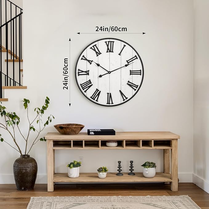 Large Rustic Wooden Wall Clock, 24 Inch Whitewashed Farmhouse Wall Clock - Image 7