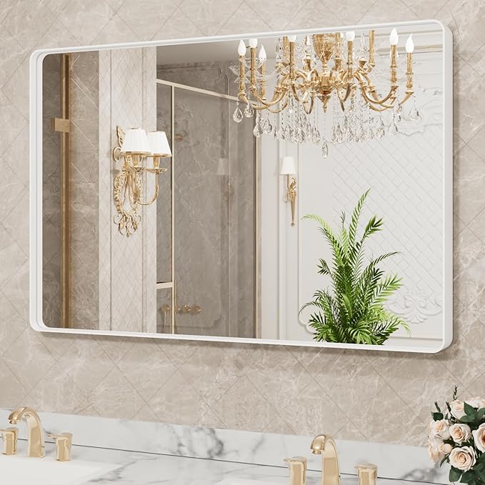 LOAAO 48x30 Inch White Metal Framed Bathroom Mirror - Image 4