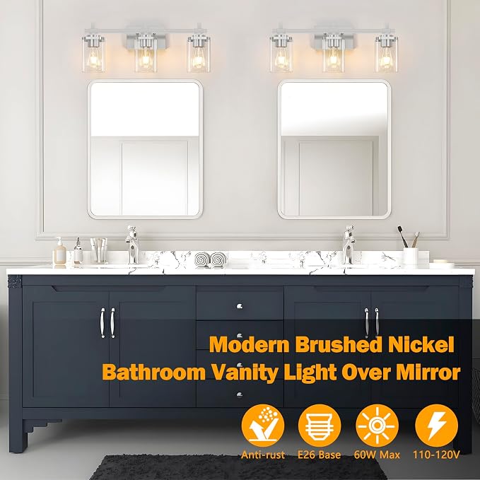 Brushed Nickel Bathroom Light Fixtures, 3-Lights Bathroom Vanity Light - Image 3
