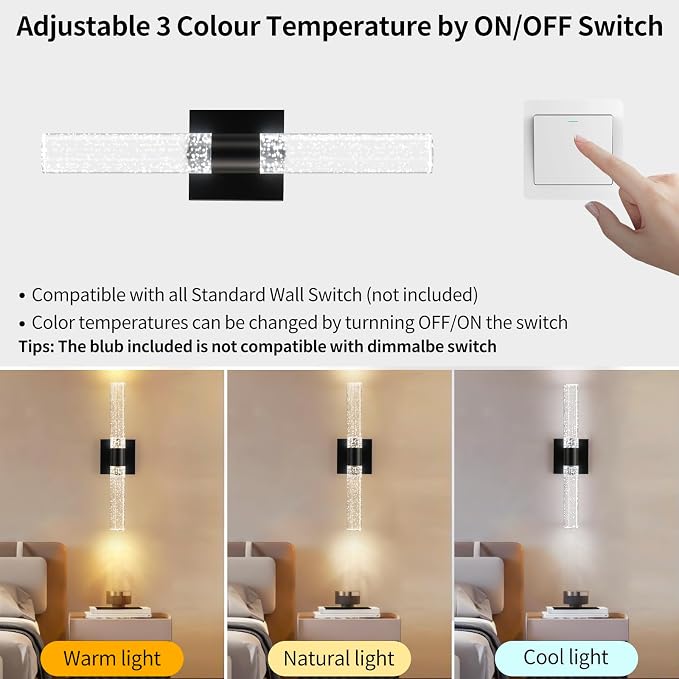 Black Modern LED Wall Sconces Set of Two 3000K-6000K Crystal Bathroom Sconce - Image 3