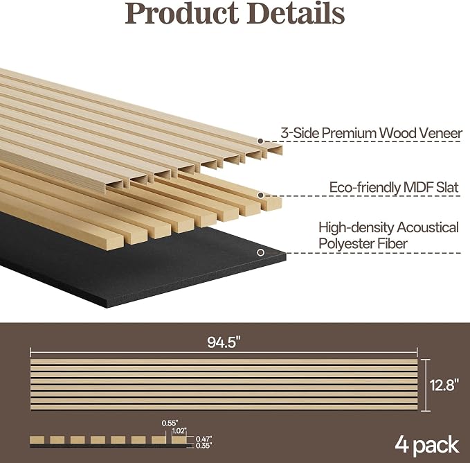 4 Pack Wood Panels for Wall, 94.4" x 12.8" Acoustic Wood Slat Wall Panel for - Image 2
