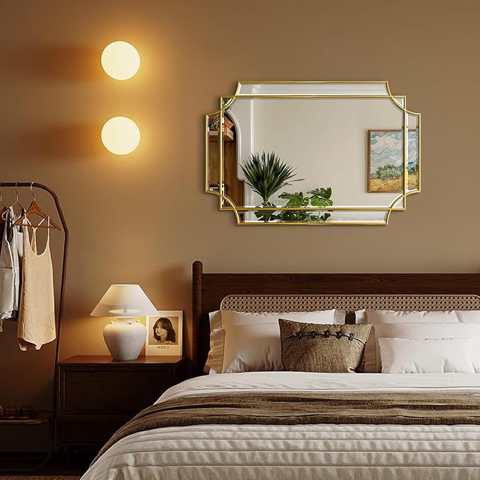 HQiJun Gold Mirror for Wall, 36x24 Gold Wood Framed, Scalloped Beveled Polished - Image 3