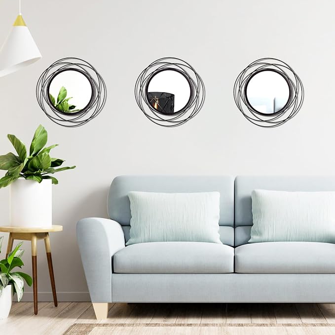 3 Set 9.5 Inch Black Circle Mirrors Wall Decor Iron Frame Wire Mirror Metal - Image 3