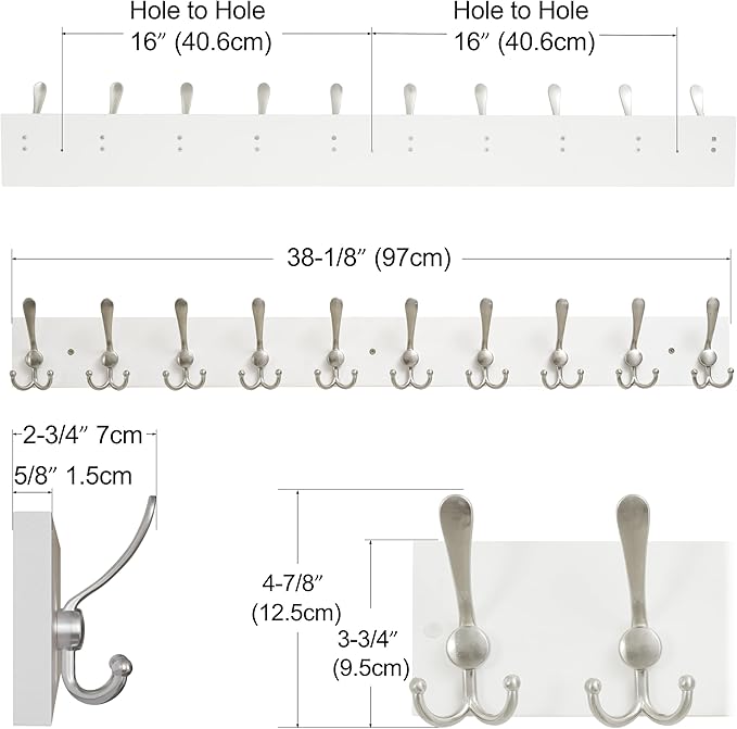 SKOLOO Creations White Solid Wood Wall Mounted Coat Rack, 10 Hooks, 38-1/8" Long - Image 3