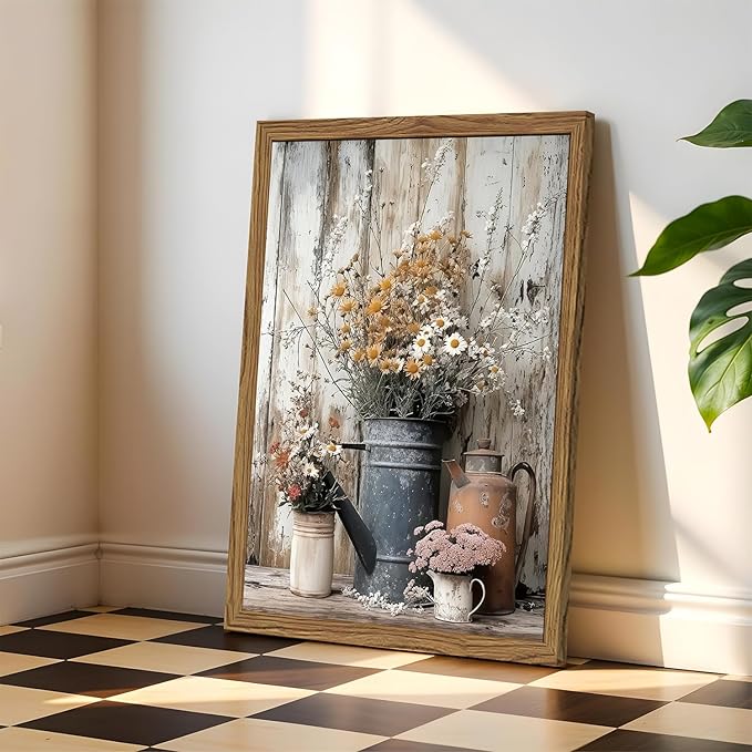 Wood Framed Farmhouse Vintage Canvas Wall Art, Rustic Floral Daisy Pictures - Image 3