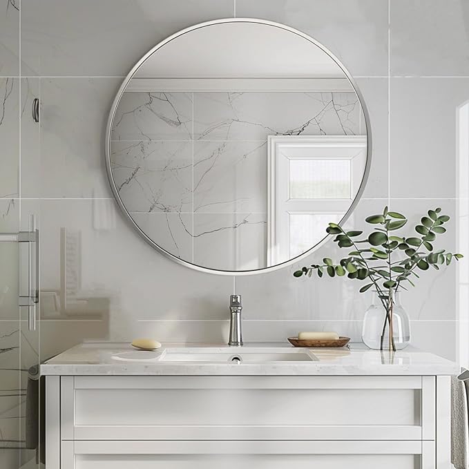 Sunniry Silver Round Mirror 30 inch, Round Bathroom Mirror, Circle Wall Mirrors - Image 4